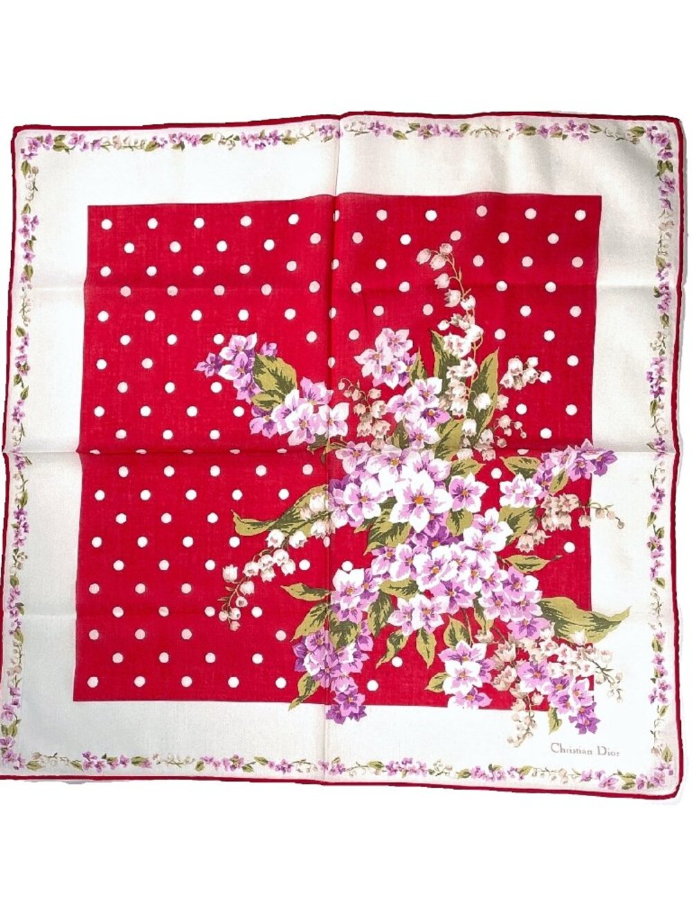 Christian Dior Vintage Polka Dot Floral Cotton Handkerchief Scarf